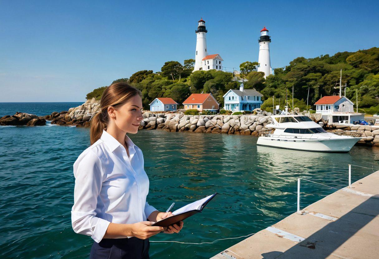 A serene seaside scene featuring a diverse range of nautical vessels, from luxury yachts to fishing boats, anchored near a picturesque harbor. In the foreground, a confident insurance agent in professional attire holds a clipboard while discussing coverage options with a family. The backdrop showcases a lighthouse and gentle waves, creating a tranquil atmosphere. Bright, inviting colors highlight the sense of security and adventure associated with nautical insurance. vibrant colors. super-realistic.