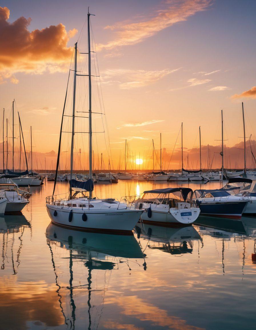 A serene marina scene at sunset, showcasing a variety of boats anchored safely. In the foreground, a confident sailor examines a map while a gentle breeze rustles through the sails, symbolizing preparedness and safety in navigation. The background features calming waters with soft reflections of the vibrant sunset, enhancing the theme of calm and assurance in boating insurance. super-realistic. vibrant colors. 3D.